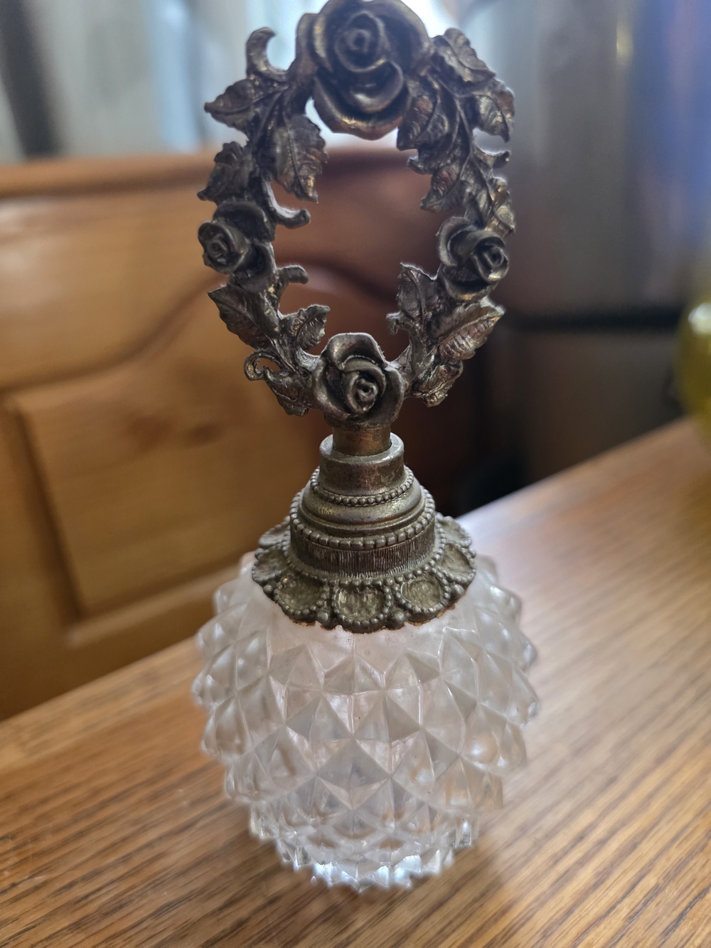 Antique-Style Clear Glass & Brass Floral Perfume Bottle